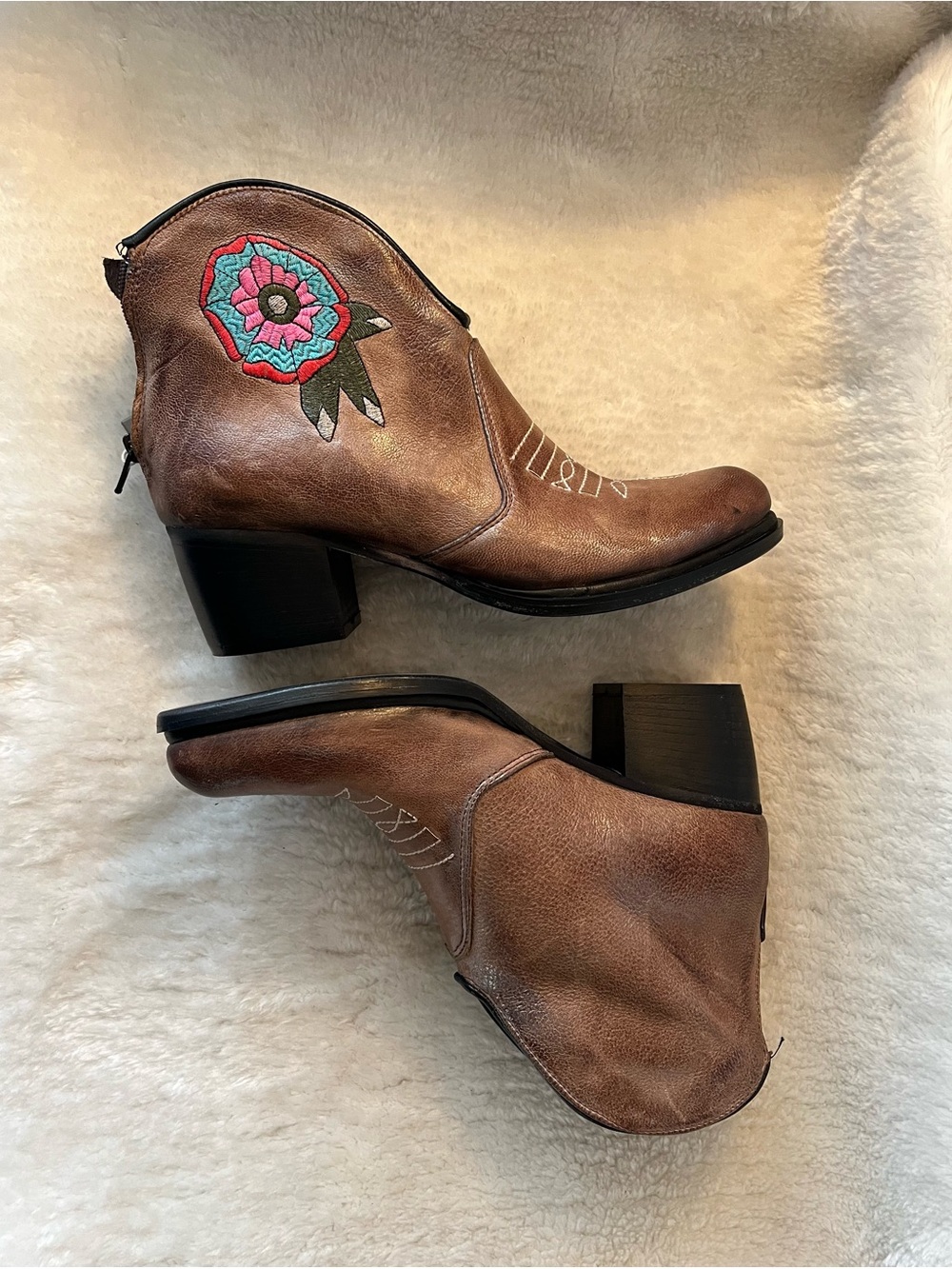 Divine Follie Italy Brown Embroidered Western Ankle Leather Booties - Picture 8 of 16